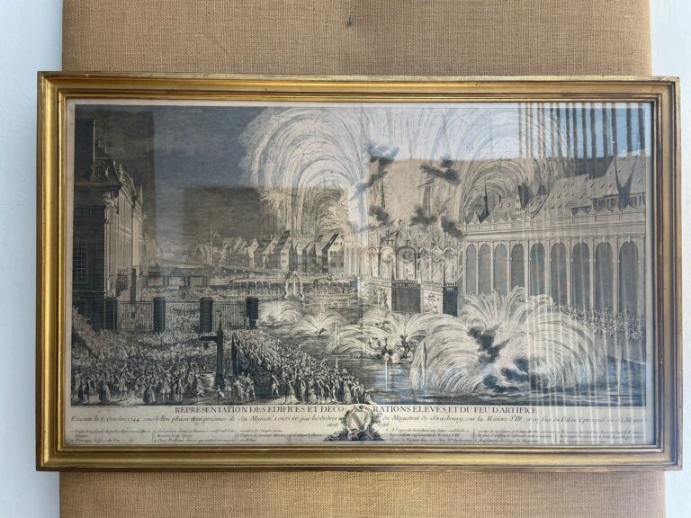 Grabado Antiguo de Fuegos Artificiales y Arquitectura