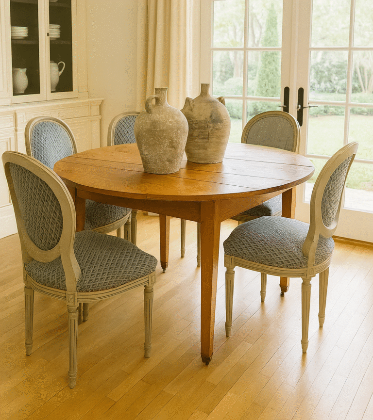 Decoración mesa de madera y butacas ovaladas
