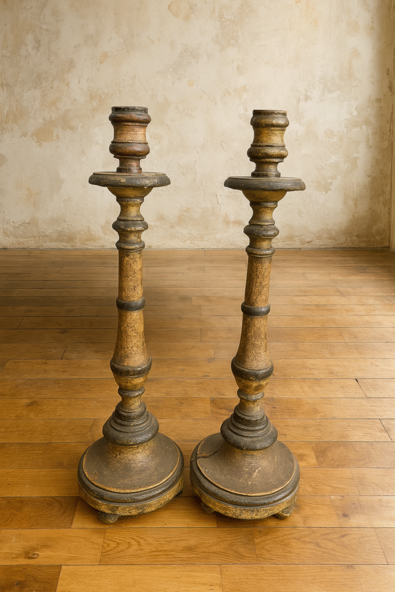 Pareja de Candelabros de Madera Tallada