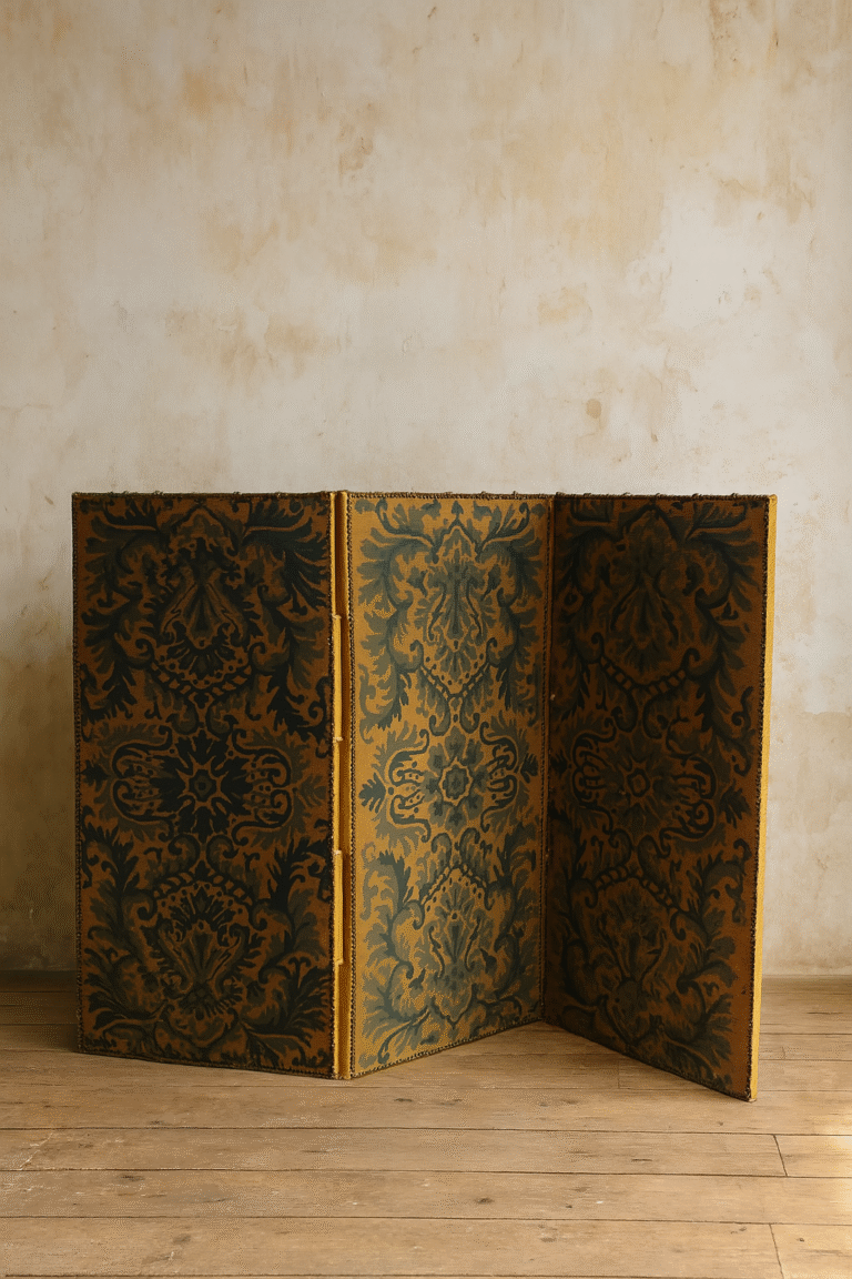 Biombo Vintage de 3 Paneles con Estampado Damascado Azul y Oro Frente