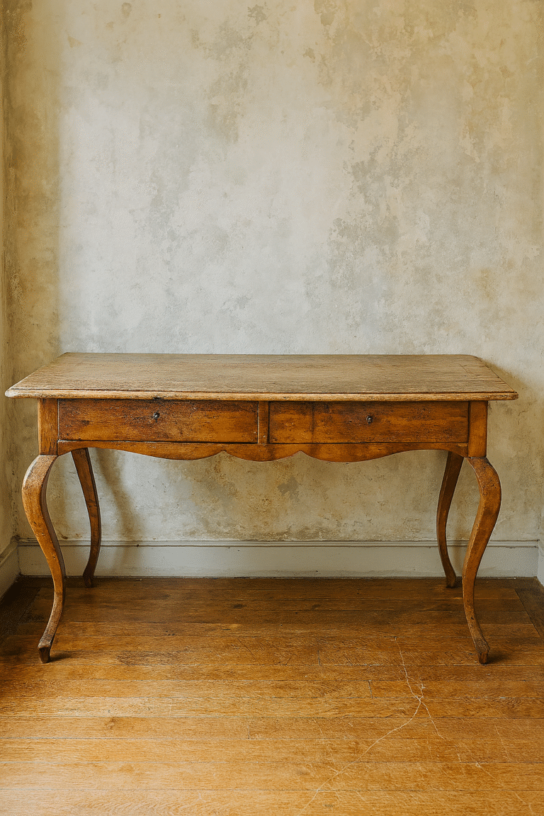 Elegante mesa consola antigua fabricada en madera maciza con cálido tono natural y acabado desgastado por el tiempo. Su estructura destaca por las patas cabriolé de líneas suaves y una delgada cintura ondulada que aporta ligereza visual. Cuenta con dos cajones discretos integrados en el frente, perfectos para almacenamiento práctico. Ideal como mesa de entrada, escritorio liviano o consola decorativa en ambientes clásicos o rústicos refinados.