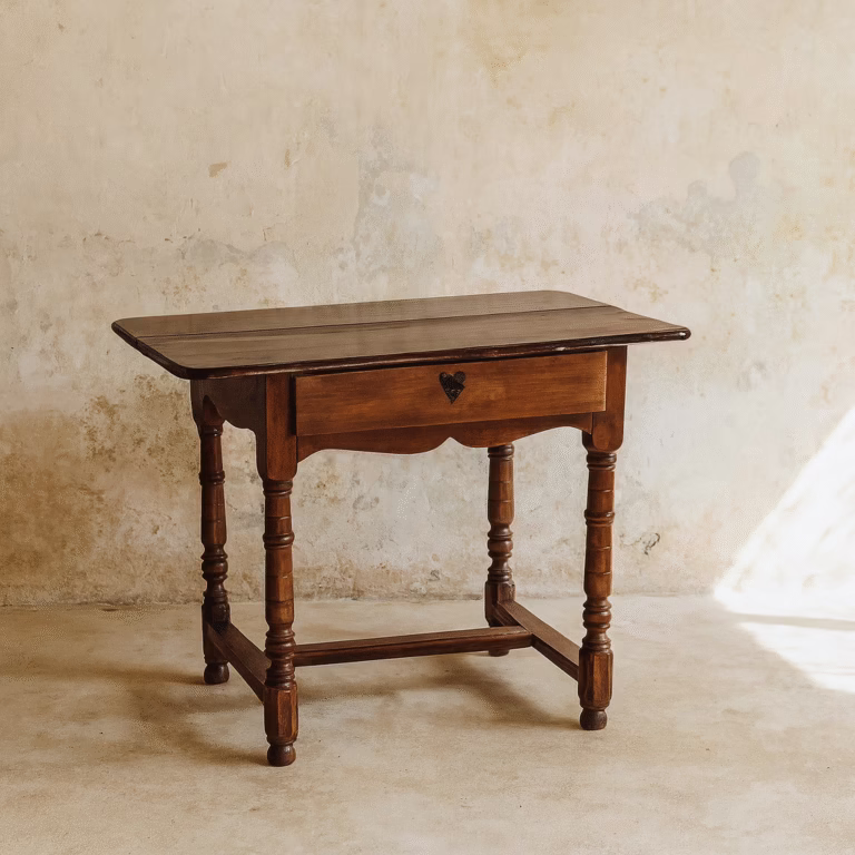 Encantadora mesa antigua elaborada en madera maciza con elegante acabado natural. Presenta patas torneadas, travesaños de refuerzo y un práctico cajón frontal con tirador en forma de corazón. Ideal como mesa auxiliar, escritorio o pieza decorativa en espacios rústicos, vintage o de inspiración campestre.