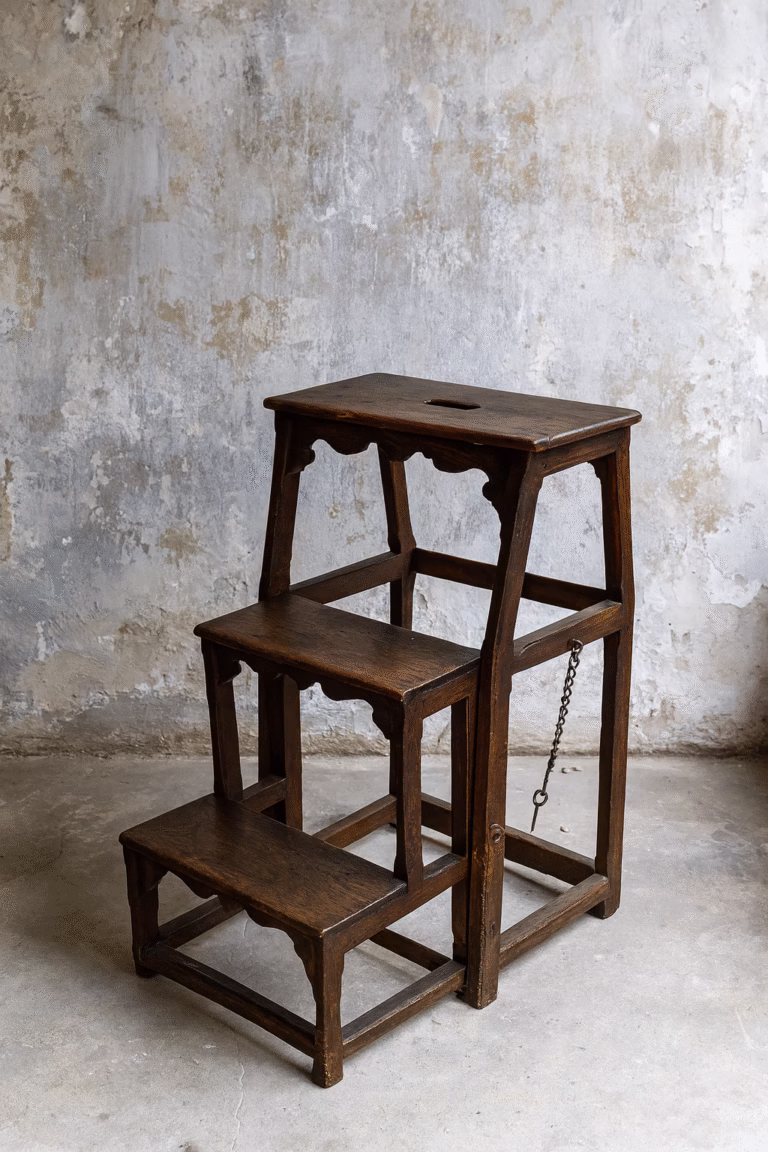 Auténtica escalera antigua de madera maciza con tres peldaños y elegante diseño clásico. Su estructura robusta y detalles decorativos la hacen perfecta como escalera de biblioteca, mueble auxiliar o pieza decorativa vintage. Ideal para aportar funcionalidad y encanto rústico en interiores con estilo retro o clásico.