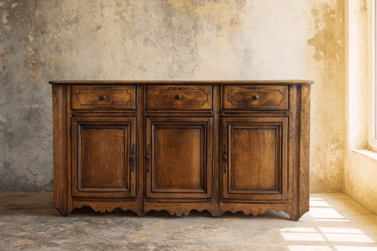 Aparador antiguo de madera maciza con cuatro puertas y cajones estilo francés