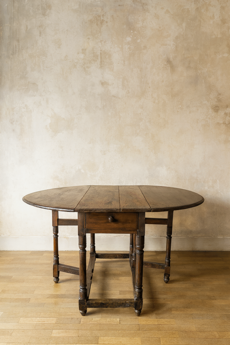 Mesa de madera maciza con diseño ovalado y alas abatibles, una pieza antigua de gran carácter y funcionalidad.