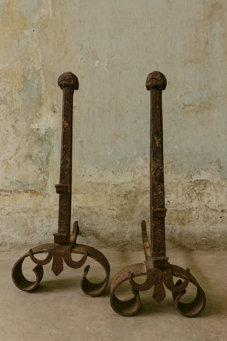 Par de morillos antiguos de forja artesanal, ideales para chimenea. Piezas únicas de hierro forjado con diseño rústico y elegante, perfectas para coleccionistas y decoración vintage.